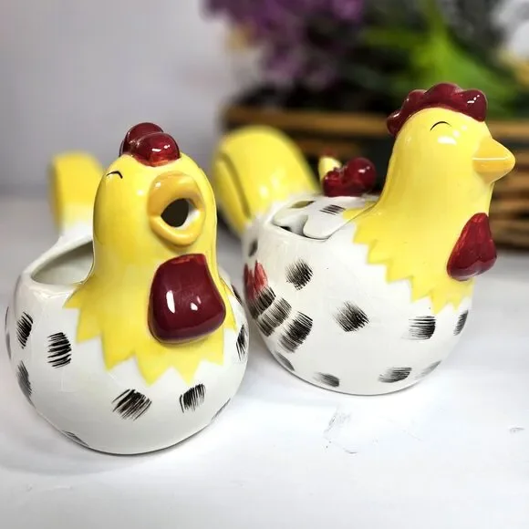 Vtg Country Roosters Creamer & Sugar Bowl Set by Chestnut Creek Chickens Yellow - Picture 8 of 12